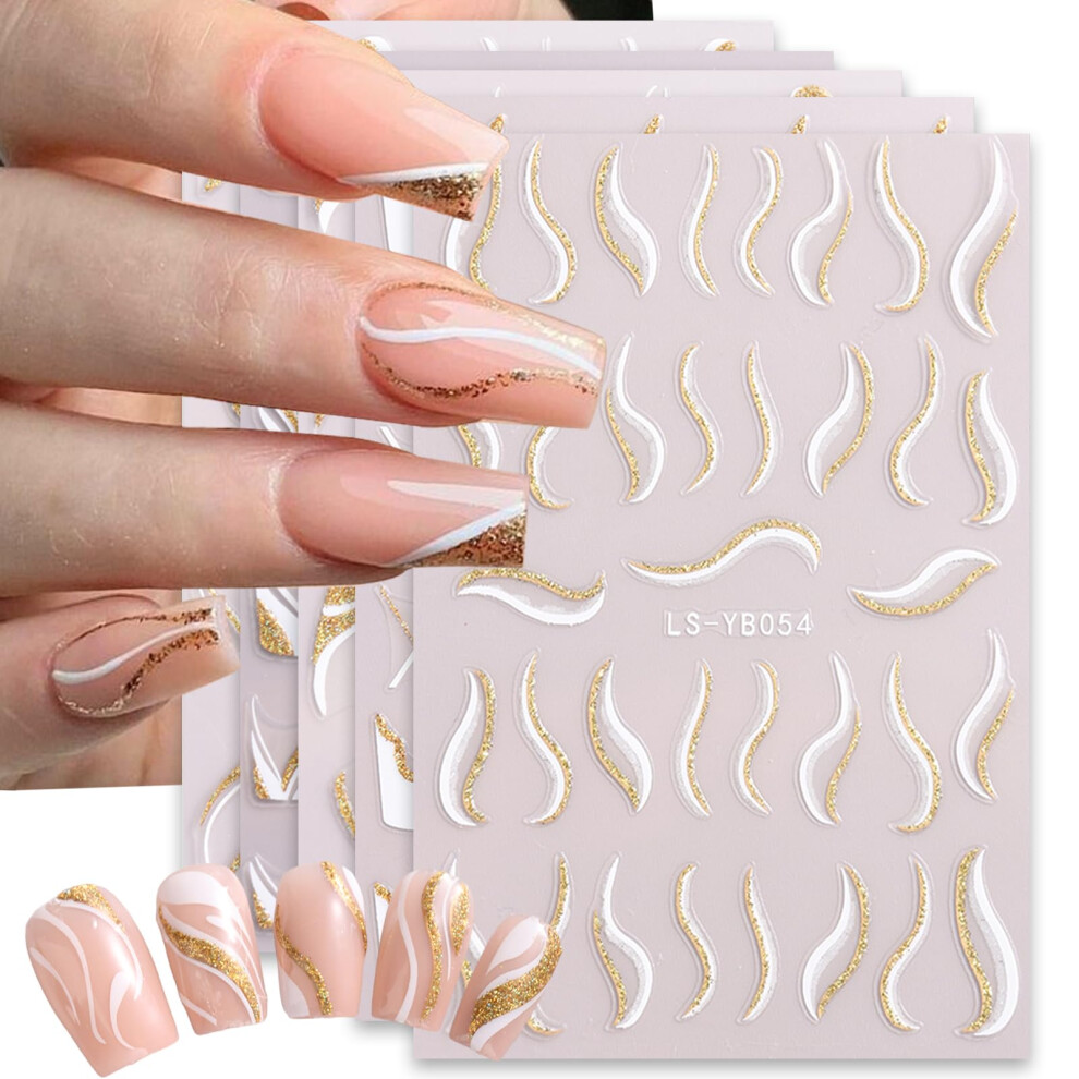 Gold/White French Nail Art Stickers 3D Selfadhesive Glitter Wave Stripe Decals For Diy Manicure