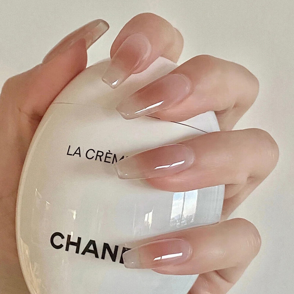 Cream Glossy Gradient Ombre Coffin Press On Nails Nude Full Cover Medium Size Reusable 24Pcs Set