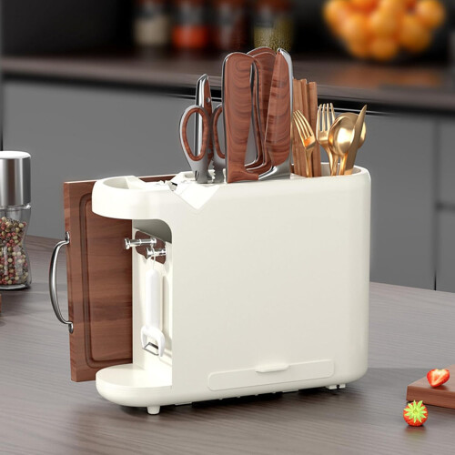 Kitchen Knife Holder with Sharpener, Cutting Board and Utensil Storage Rack, White ABS 2