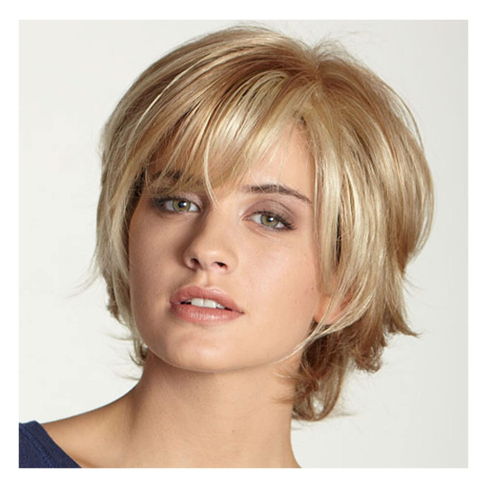 Short Blonde Pixie Cut Wig with Bangs, Synthetic Layered, Natural Gloss, Breathable Fit for Women