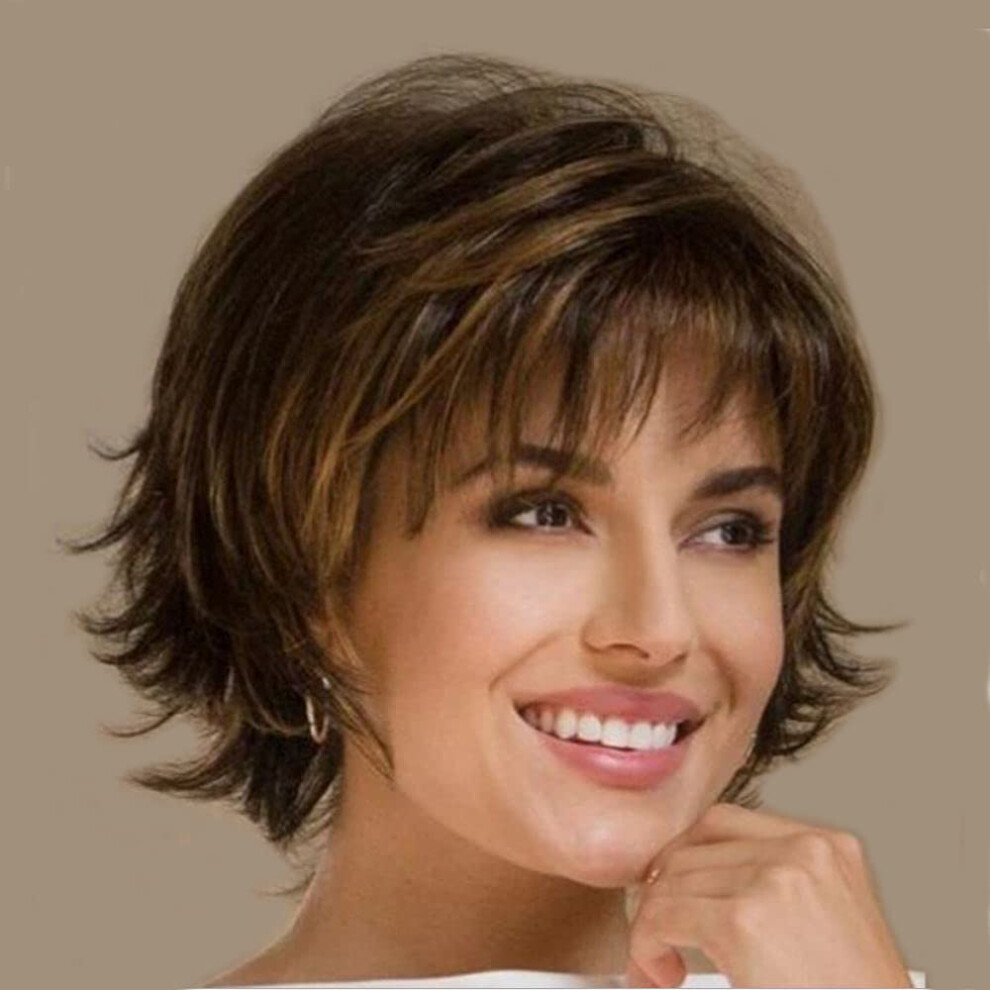 Brown Short Curly Wig With Bangs, Heat Resistant Synthetic Pixie Cut, Natural Look For Women
