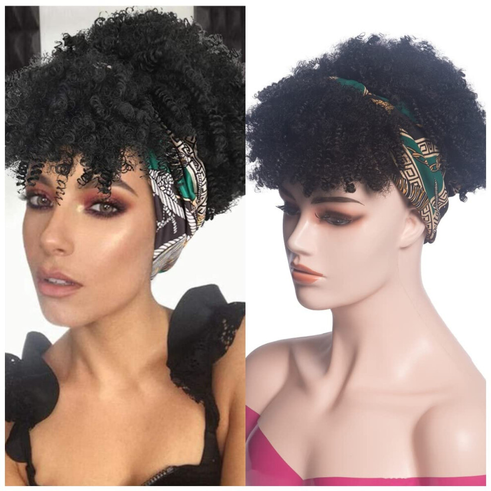 Afro Curly Headband Wig for Black Women Synthetic Deep Wave Hair with Blue Turban Drawstring