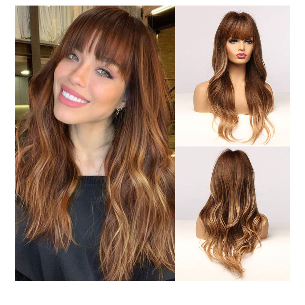 Unisex Golden Long Curly Wig With Bangs Heat Resistant Synthetic Fibers Tan Gradient For Women