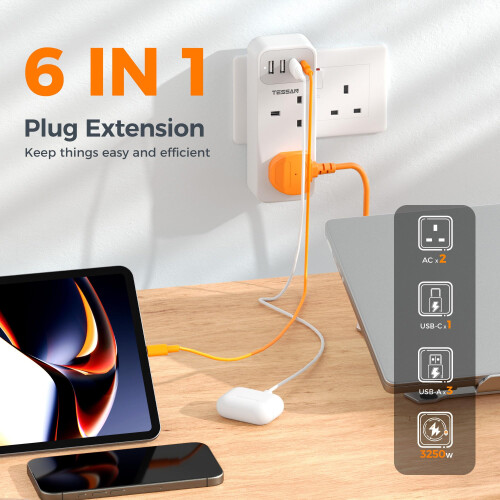 Plug Adapter with 3 USB A and 1 USB C, TESSAN Doub 1