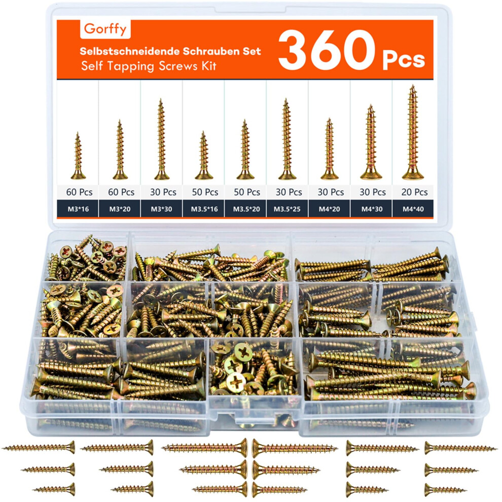 Gorffy Wood Screws, 360 Pcs Color Zinc Screws, Countersunk Wood Screws Assortment, Multi Use High Performance Self Tapping Screw, Assorted Wood S 96457481