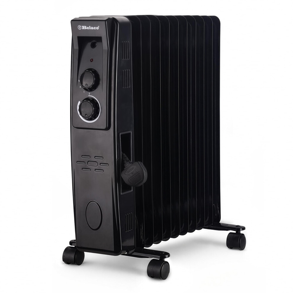 Belaco Oil Filled Radiator 11 Fins, Portable Electric Heater With Adjustable Thermostat, 3 Heat Settings, Overheat Protection, 2500W, Heavy-Duty Cast 69140785
