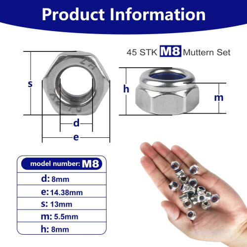 M8 Nylock Hex Nuts - A2 V2A Stainless Steel Self-L 1