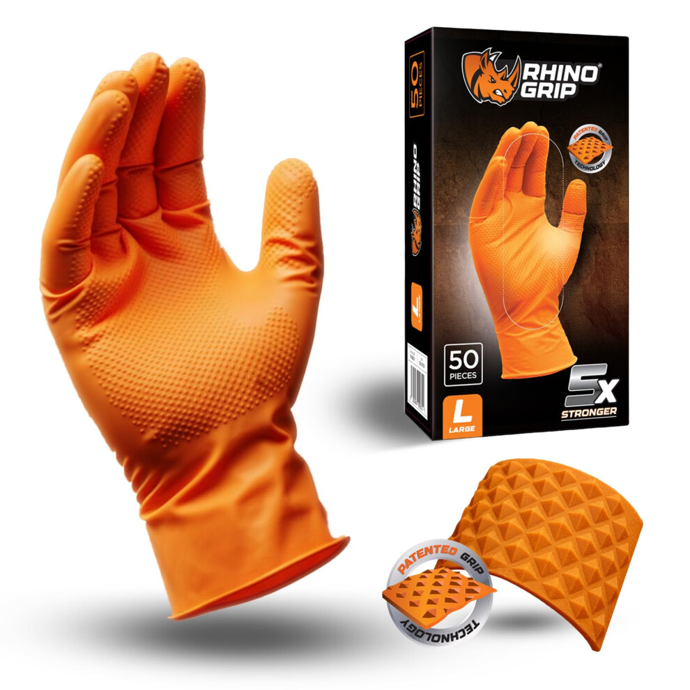 Rhino Grip Nitrile Gloves - Disposable Gloves, Diamond Grip Orange Gloves - Powder-Free & Latex Free Nitrile Gloves, Extra Thick & Ultra Tough Gloves 57755731