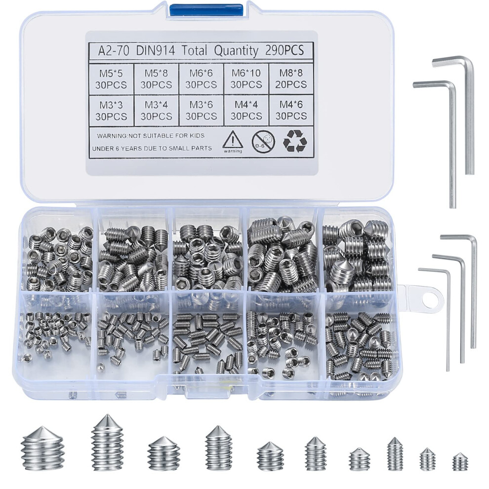 290 Pcs Cone Cup Point Grub Screws, M3/M4/M5/M6/M8 32013795