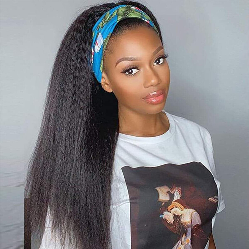 Unisex Black 18 Inch Kinky Straight Headband Wig For Women, Glueless None Lace Yaki Style With 2 Caps