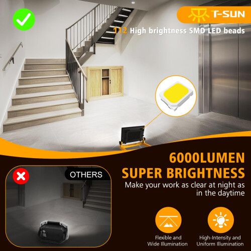 T-SUN 5400Lumen LED Work Light with Stand, 60W Flo 2
