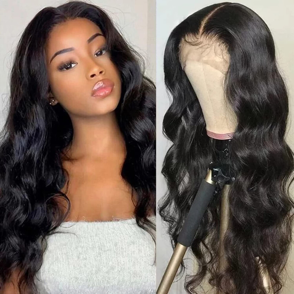 Unisex Black Human Hair Lace Front Wig 13X4 Pre Plucked Body Wave Brazilian Remy Hair 1B 12 Inch