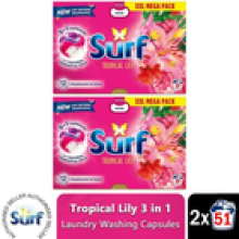 Surf 3 in 1 Laundry Washing Detergent Capsules Tropical Lily, 102 Washes
