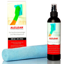 ALCLEAR 721KR Kitchen Front Cleaner 250ml with Microfiber Cloth 40x40cm, for High-Gloss, Lacquer, Plastic Fronts, no Alcohol, no Solvent, Degreasing,