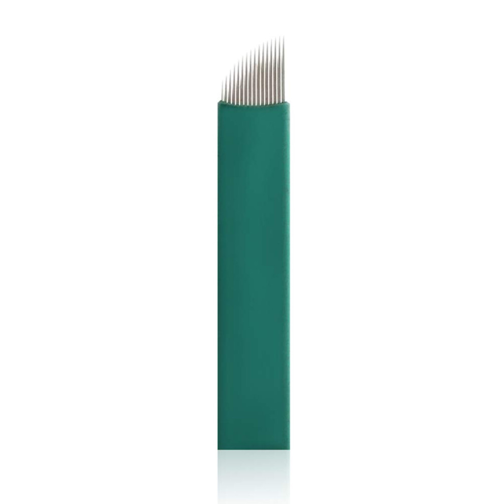 20Ly Green 50Pcs S14 Sloped Eyebrow Tattoo Needles Permanent Makeup Manual Microblading 14 Pins 0.18Mm Finest Needles Disposable Sterilized