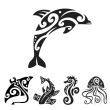 x5 Small Maori Semi Permanent Temporary Tattoos - Dolphin, Ray, Hammerhead shark, Seahorse, Jellyfish - Polynesian | Lasts up to 10 days | Waterproof