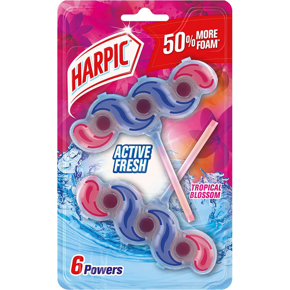 Harpic Active Fresh Toilet Rim Block Twin Pack, Tropical Blossom, Pack Of 1, Anti-Limescale, Dirt Remover, Lasts Up To 10 Weeks And Up To 500 Flushes,