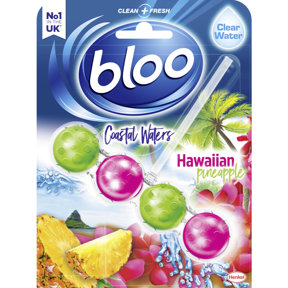 Bloo Toilet Rim Block Coastal Waters Hawaiian Pineapple (50G), Clear Water Toilet Rim Block With Fresh Pineapple Scent, With Anti-Limescale Formula