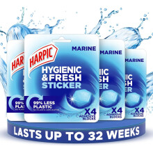 Harpic Hygienic Fresh Sticker Adhesive Toilet Block, Marine, Pack 4 x 4 Stickers, Toilet Freshener, No Plastic Applicator, Up to 32 weeks of Freshness