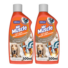 Mr Muscle Pet Hair Drain Unblocker (2 x 500ml) Dissolves & Removes Pet Hair from Drains, 3x More Effective Than Bleach, Duo Pack