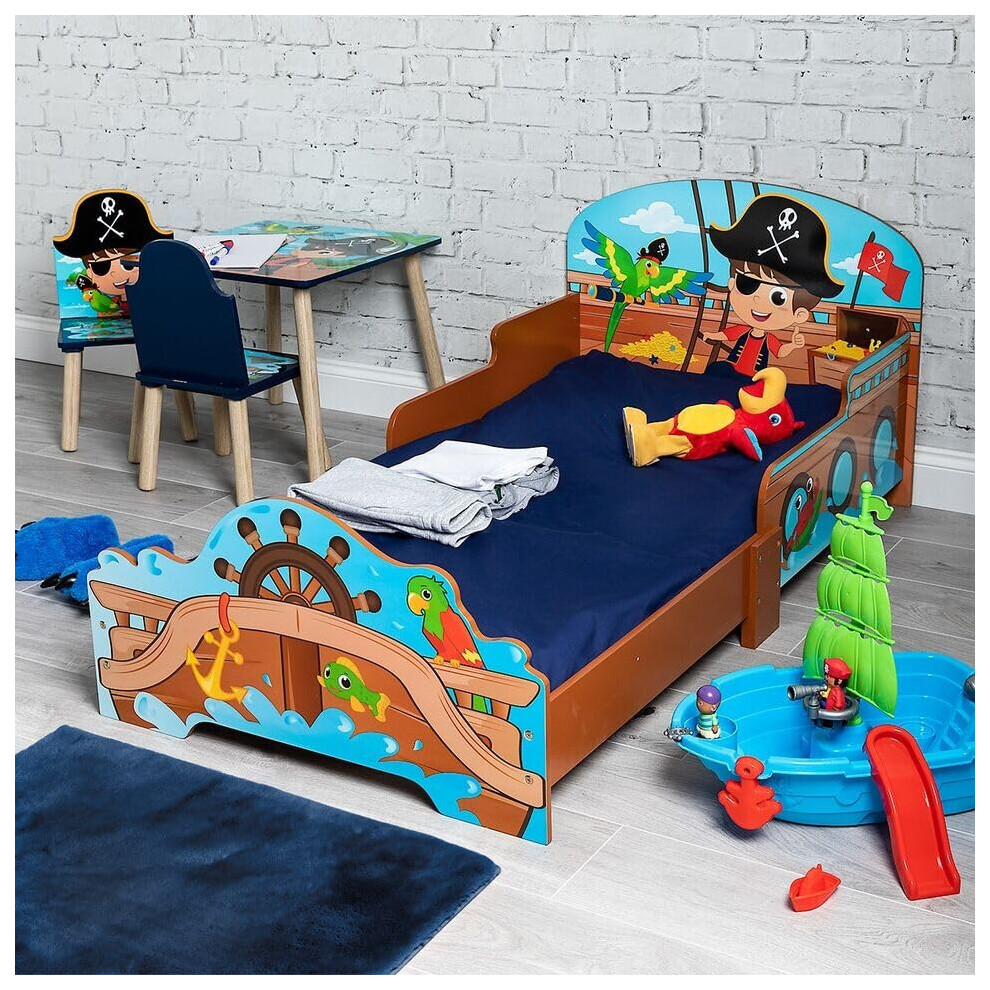 Wooden Toddler Infant Child Kids Bed With Protector Safety Guard (Pirates) Urbnliving