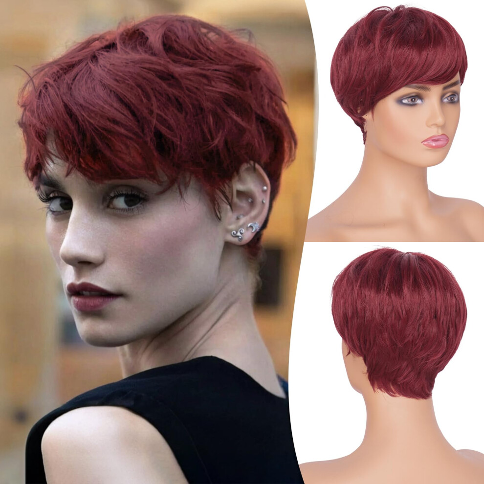 Unisex Red Short Burgundy Pixie Cut Wig With Bangs For Women, Synthetic Laye Glueless Style, Heat Resistant