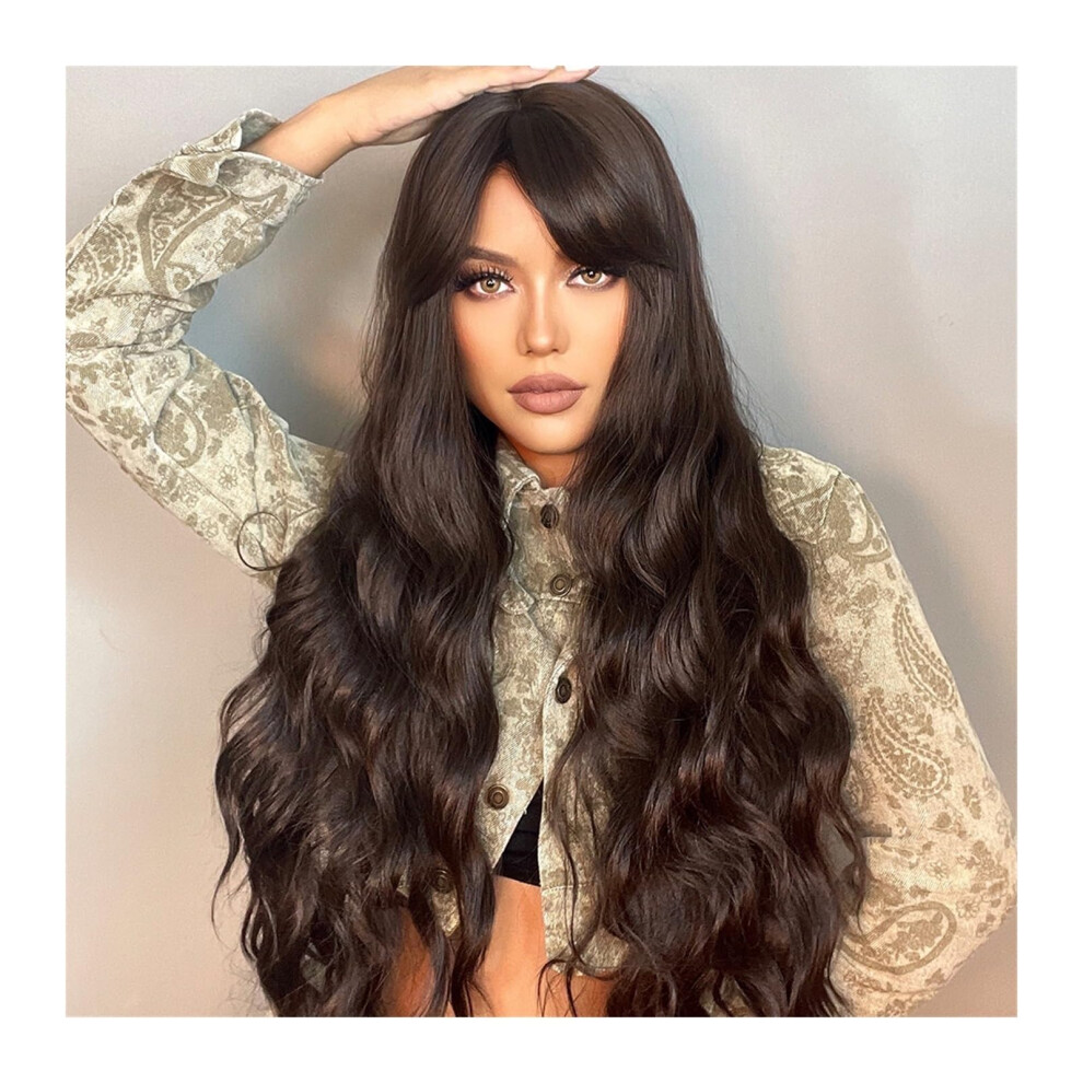 Unisex Glueless Preplucked Human Hair Wig Long Wavy With Bangs Heat Resistant Natural Look For Women