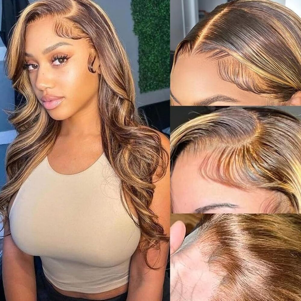 Unisex Honey Blonde Ombre Human Hair Lace Front Wig 13X4 Hd Body Wave Glueless Preplucked 180% Density