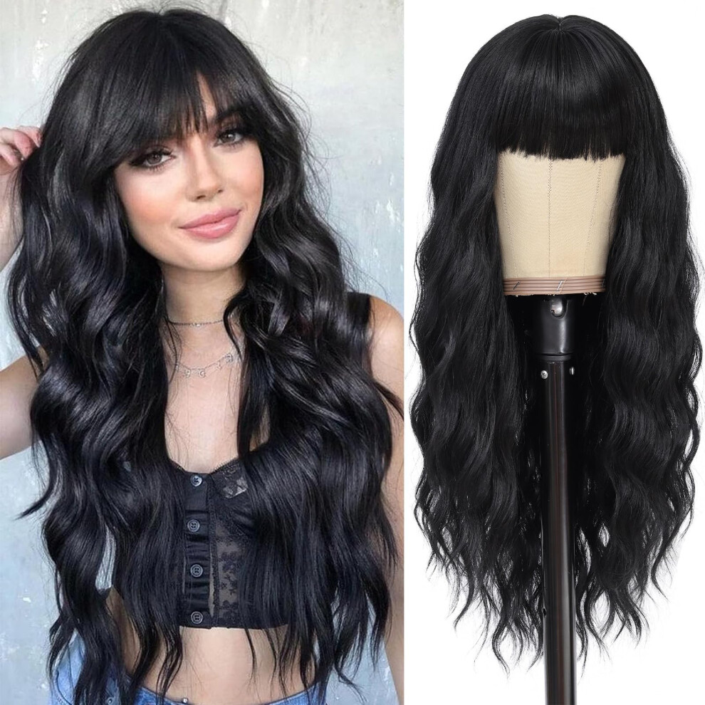 Unisex Black 28 Inch Synthetic Wavy Wig With Bangs, Glueless Frontal, Natural Texture For Women