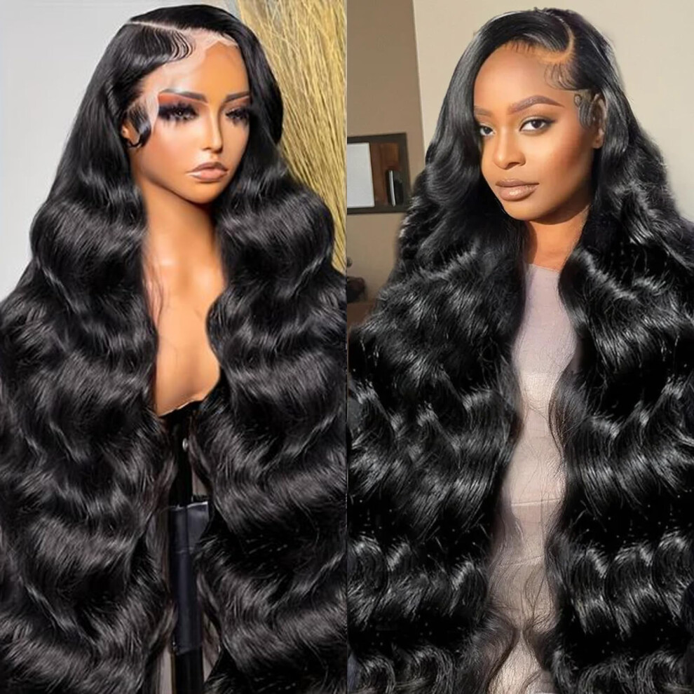 Unisex Black 210 Density Hd Lace Frontal Wig 30 Inch Human Hair Body Wave Pre Plucked 13X6 Natural Hairline