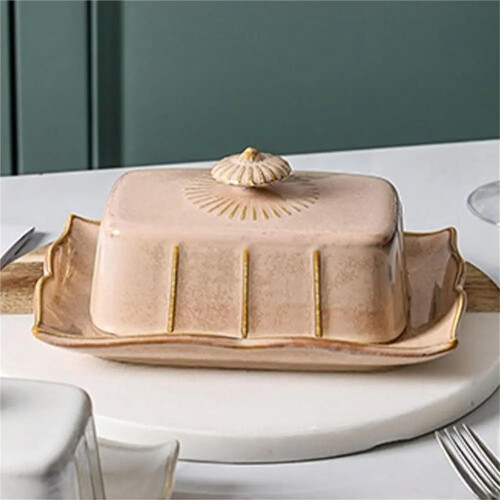 Butter Dish Ceramic with Lid Rectangular Khaki Freshness Lock for Kitchen Butter Storage 2