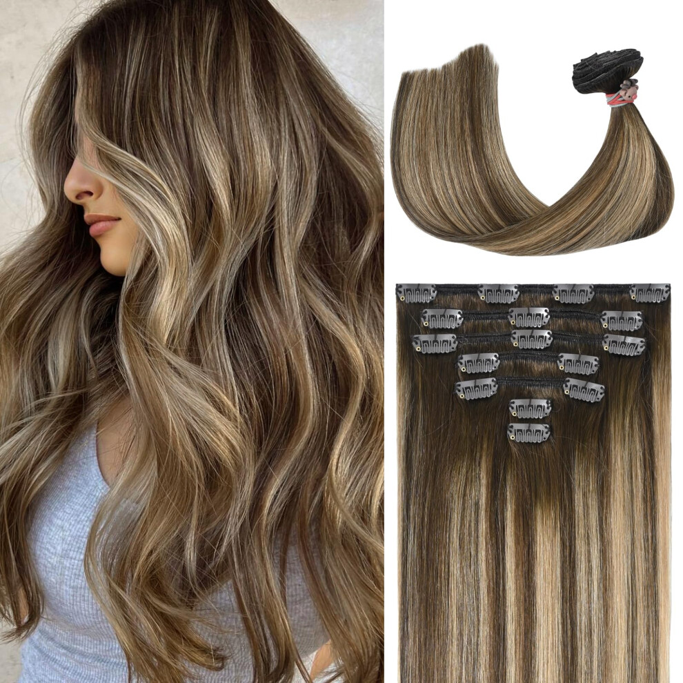 Unisex Brown 22 Inch Human Hair Clip In Extensions Chocolate To Dark Blonde Real Remy For Seamless Color Blend And Instant Volume Boost