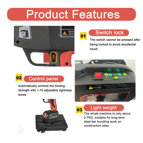 Automatic Handheld Rebar Tying Machine with LED Display, 445mm Range, Battery Powered Tool Set 2