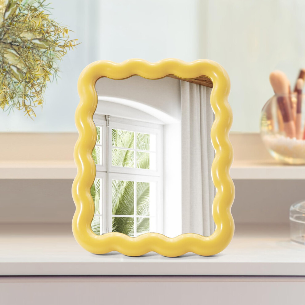 Yellow Wave Shaped Vanity Makeup Mirror, Portable Folding Travel Mirror For Desk Or Hanging,