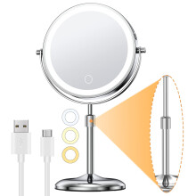 Gospire 7" Lighted Makeup Mirror with Magnification 10X/1X, Height Adjustable & 3 Color Dimmable Lights, 360 Swivel Double Sided Light up Rechargeab
