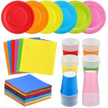 90 Pack Colorful Party Paper Plates Cups Napkins, Rainbow Party Tableware Set Multicolor Dinner Plates Luncheon Cocktail Napkins 250ml Paper Cups for