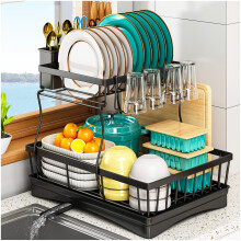 StowBin 2 Tier Dish Drainer Rack for Kitchen Counter - Space-Saving Dish Rack with Utensil Holder, Large Capacity Dish Drying Rack with Draining Boar