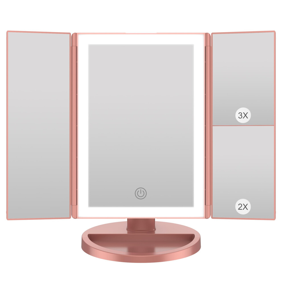 Weily Makeup Mirror With Lights, Magnifying Mirror With 1X/2X/3X, Tri-Fold Led Makeup Mirror With Touch Screen, Table Mirror Usb Holder And Battery (