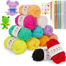 AUAUY Soft Yarn Skeins - 12-Strand (12x10g) With 9 Braided Aluminum Crochet Hooks for Knitting and Crafts - Assorted Starter Kit for Colorful Project