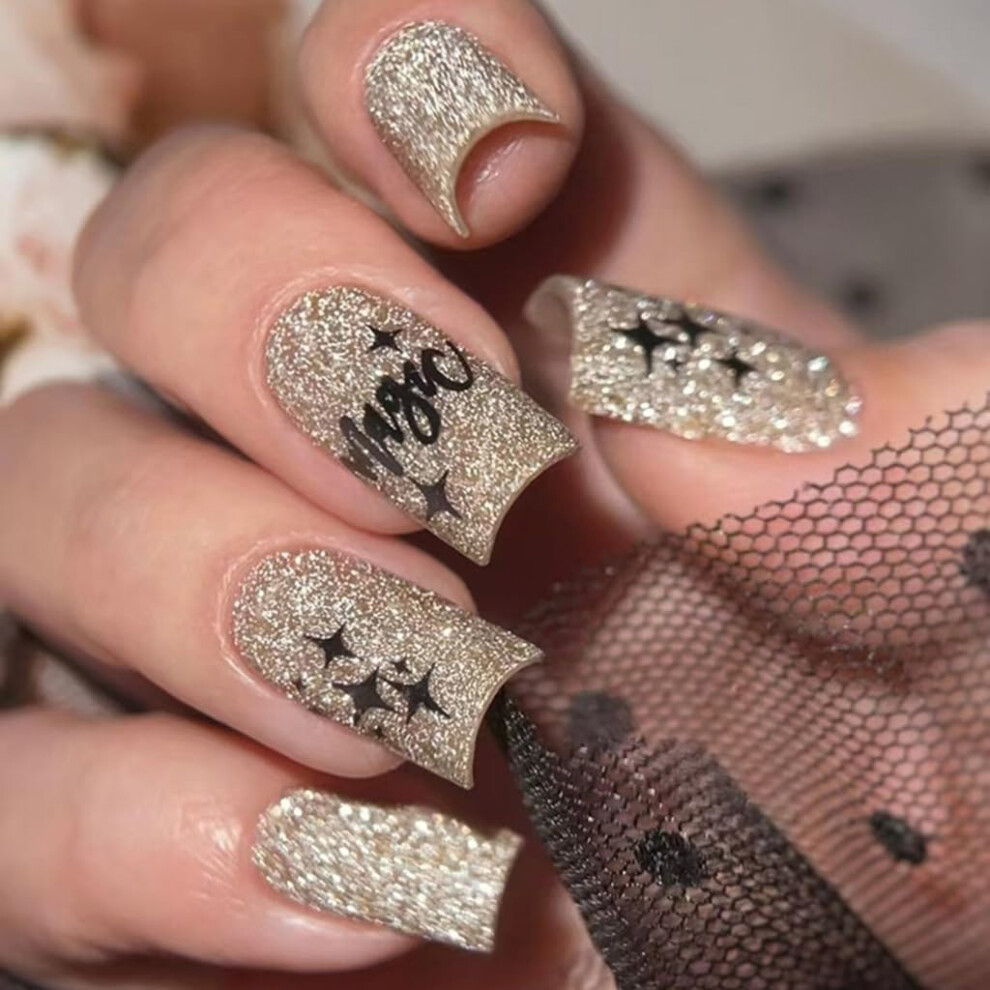Medium Square Press On Nails 24 Piece Set with Glitter Letter Design for SalonQuality Manicure
