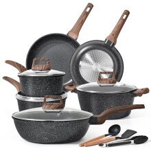 Terlulu Induction Hob Pots and Pans Set - 13pcs Nonstick Cooking Pans Set, Black Granite Cookware Set with Lid, Non Stick Saucepan Set, Frying Pan Se