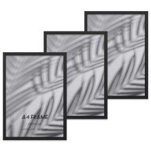 YONGHUO A4 Frame, 3 Pack Wooden A4 Picture Frames, Black A4 Frames, 21 x 29.7cm, with Plexiglass, Wall Hooks, Stand and Mat, for Tabletop or Wall Han