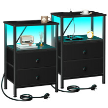 AMHANCIBLE Bedside Table Set of 2 with Charging Station, Small Side Table with LED Light, Nightstand with 2 Fabric Drawers and Open Storage Shelf, Be