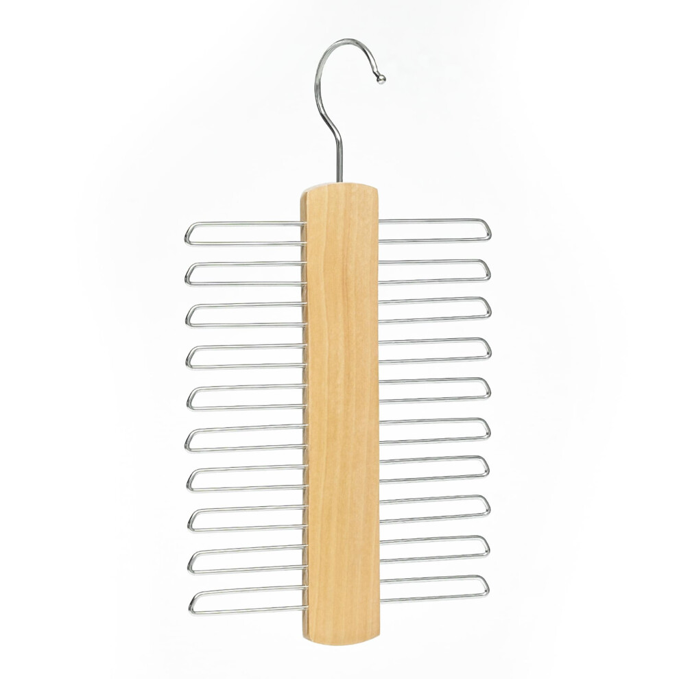 Tie Hanger Wooden Hangers Wardrobe Tie Organiser - Stylish Hanging Storage Rack With 20 Chrome Bars With Swivel Hook For Tie, Belt, Scarf Beech Wood 78995772
