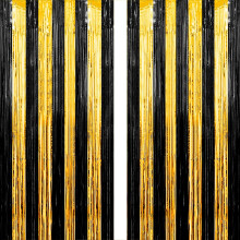 Lericttor 2Pcs 3.2ft x 8.2ft Foil Curtain Decoration, Black Gold Metallic Tinsel Foil Fringe Curtains Streamers for Halloween, Graduation, Doorways,