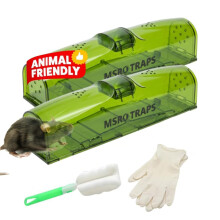 Humane-Mouse Traps for Indoors [2 Pack] Extra-Long with Safe Dual Side Upward Doors No Tail Cuts, Includes Gloves & Washable Brush Field Mouse Catche