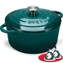 Overmont 24cm/4.2L Enamelled Cast Iron Round Casserole Pot With Lid Cookbook & Cotton Potholders - Non-stick Dutch Oven Cookware for Braising, Stews,