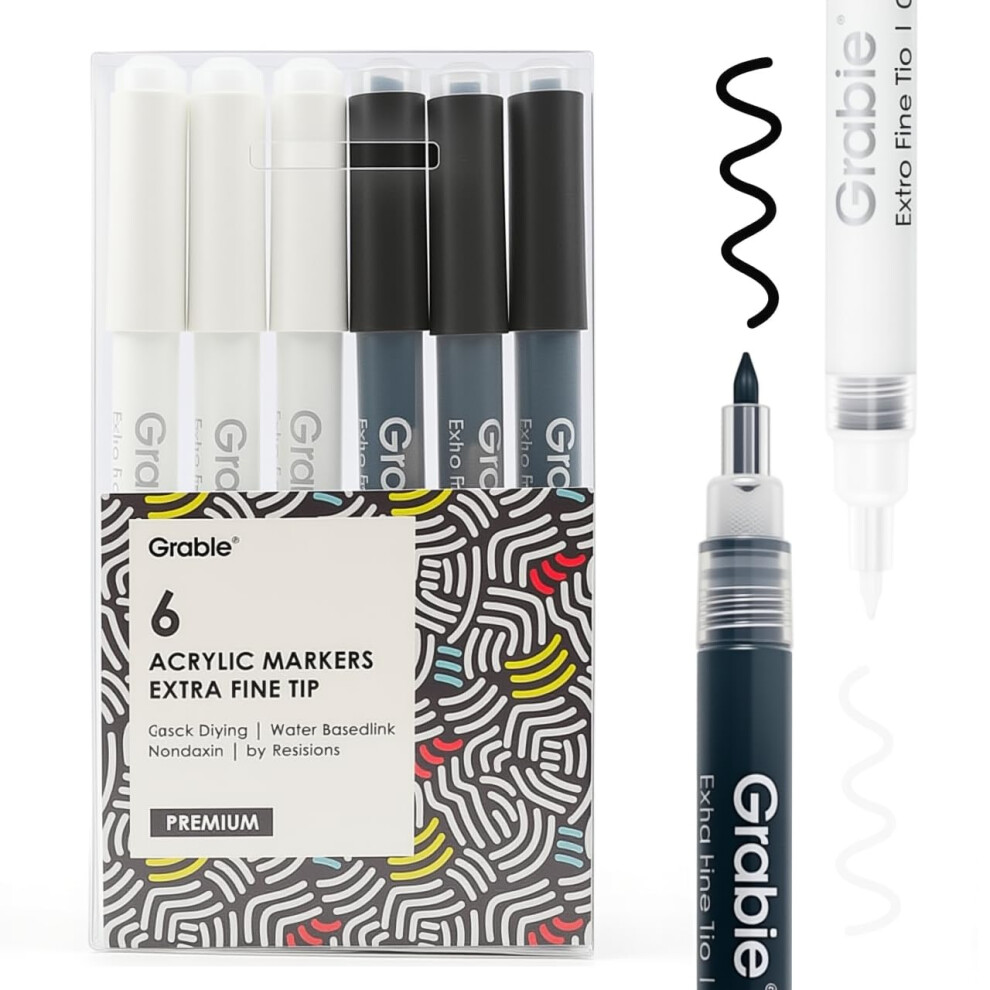 Grabie Black/White & Extra Fine Tip Acrylic Paint Marker Set, 6 Pack, 0.7Mm Acrylic Paint Pens For Highlights, Highlight Markers