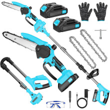 Mini Chainsaw Cordless with Foldable Pole Saw,6 Inch Electric Chain Saw with 2 Batteries & 2 Chains,Telescopic Motor Head 180 Swiveling Tree Saw for