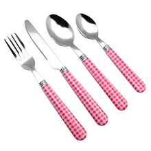 EXZACT Cutlery Set 24pcs Stainless Steel with Gingham Check Coloured Handles - 6 x Forks, 6 x Dinner Knives, 6 x Table Spoons, 6 x Tea Spoons (Pink x